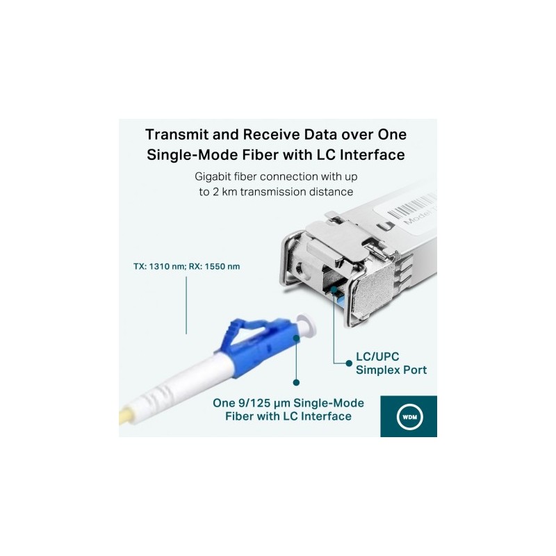 Sfp Tx Rx Light Modulo SFP 1.25Gbps, LC Simplex, 2 Km, TX: 1310nm RX: 1550nm