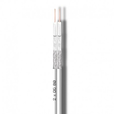 Cable coaxial 2x5mm TWIN. Conductor interno CU (0.8mm cobre), lámina y trenza de Aluminio. PVC Blanco. Bobina de 150mts
