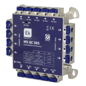 Multiswitch de 5 x 8 en estrella/final de cascada. 5 entradas (4 SAT + 1 TER), 8 salidas usuario. Pérdidas de derivación: SAT &