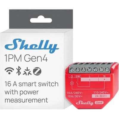Relé inteligente Shelly 1PM Gen4 - un canal, medición consumo, Multiprotocolo Wifi, Bluetooth, Zigbee y Matter
