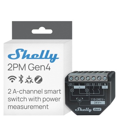 Relé inteligente Shelly 2PM Gen4 - doble canal, medición consumo, Multiprotocolo Wifi, Bluetooth, Zigbee y Matter