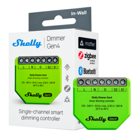 Regulador intensidad Shelly Dimmer Gen4 - WiFi, Bluetooth, Zigbee, Matter, 200 W, con/sin neutro
