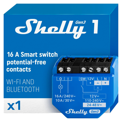 Relé inteligente Shelly 1 Gen3 - contacto seco, WiFi, Bluetooth, Matter, 16 A
