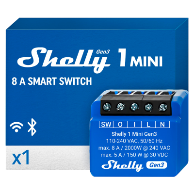 Relé inteligente Shelly 1 Mini Gen3 - contacto seco, 8A, WiFi, Bluetooth