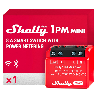 Relé inteligente Shelly 1PM Mini Gen3 - un canal, medición consumo, 8A, WiFi, Bluetooth