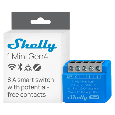 Relé inteligente Shelly 1 Mini Gen4 - contacto seco, 8A, Wifi, Bluetooth, Zigbee y Matter