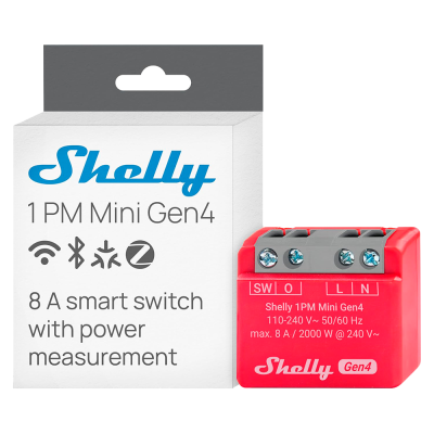 Relé inteligente Shelly 1PM Mini Gen4 - un canal, medición consumo, 8A, WiFi, Bluetooth, Zigbee, Matter